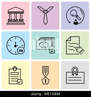 Set Of 9 simple editable icons such as postcard, winner, Check document, Contract, money and key, watch, searching, tie, government building, can be u Stock Vector