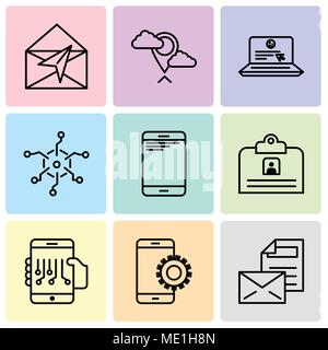 Set Of 9 simple editable icons such as Mail, Setup, Smartphone, Contact ID Card, Smartphone, Analytics, Laptop and mail, Placeholder, Mail, can be use Stock Vector