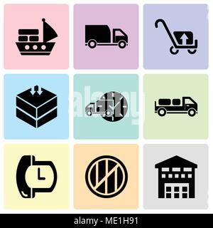 Set Of 9 simple editable icons such as Boxes piles sto inside a garage for delivery, Wood package box of square shape for delivery, Phone auricular an Stock Vector