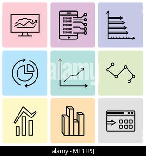 Set Of 9 simple editable icons such as Data export with an arrow, Stream graphic, Bars and data analytics, Nodes connections interface, Data analytics Stock Vector