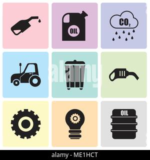 Set Of 9 simple editable icons such as oil, setting lamp, Setting, pump, trash, autotruck, Co2, oil container, pump, can be used for mobile, web UI Stock Vector