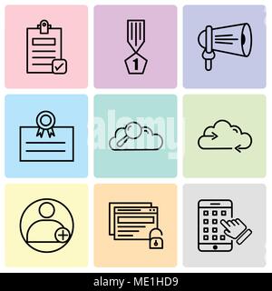 Set Of 9 simple editable icons such as iphone, unlock, profile, Reload data, Search data, postcard, loudspeaker, winner, Check document, can be used f Stock Vector