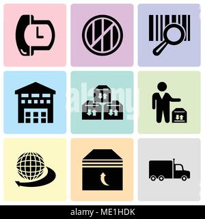 Set Of 9 simple editable icons such as Frontal truck, Box of packing for delivery, International delivery business, Man standing with delivery box, Th Stock Vector