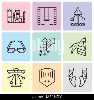 Set Of 9 simple editable icons such as Ballet, Mask, Carousel, Horse, Fireworks, 3d glasses, Fair, Swings, Castle, can be used for mobile, web UI Stock Vector
