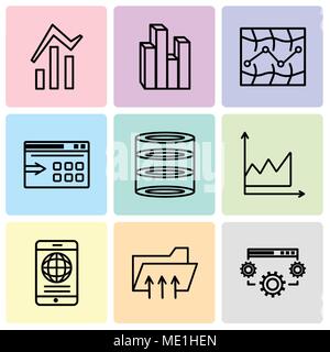 Set Of 9 simple editable icons such as Data settings, Connected folder data, Mobile phone globally connected, Data graphic, data analytics, Data expor Stock Vector