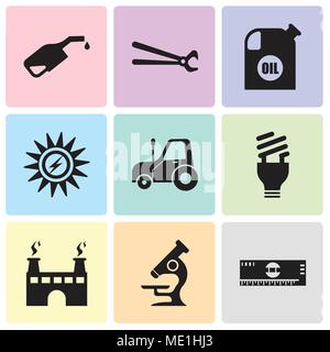 Set Of 9 simple editable icons such as scale, microscope, factory, lightbulb, autotruck, Sun Energy, oil container, nippers, pump, can be used for mob Stock Vector