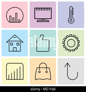 Set Of 9 simple editable icons such as Cancel button, Reusable shopping bag, Coverage level, Gear, Thumb up, Homepage, Mercury thermometer, Television Stock Vector