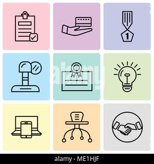 Set Of 9 simple editable icons such as hand shaking, table, electronics, bulb, postcard, microphone, winner, card, Check document, can be used for mob Stock Vector