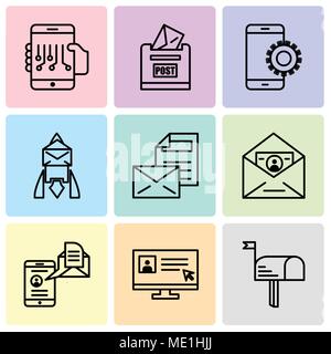 Set Of 9 simple editable icons such as Mail, Laptop and cursor, Mail and spartphone, ID and mail, Mail, Email, Setup, Post box, Smartphone, can be use Stock Vector