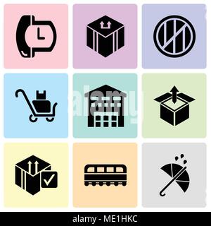Set Of 9 simple editable icons such as Protection, Train front, Delive box verification, Delivery box package opened with up arrow, Boxes piles sto in Stock Vector