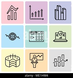 Set Of 9 simple editable icons such as Decreasing stocks bars, Person in data analytics presentation, Folder Connected Circuit, Laptop data analytics  Stock Vector