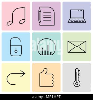 Set Of 9 simple editable icons such as Mercury thermometer, Thumb up, Arrow pointing to right, Closed envelope, Bar chart, Locked padlock, Laptop, Pie Stock Vector