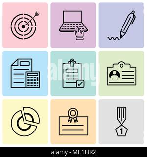 Set Of 9 simple editable icons such as winner, postcard, pie chart, document, Check document, document & calculator, pen, computer, target, can be use Stock Vector