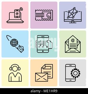 Set Of 9 simple editable icons such as Setup, Mail, Support, Email, Smartphone, email planet, Hologram, Stamp, Smartphone and laptop, can be used for  Stock Vector