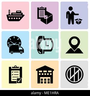 Set Of 9 simple editable icons such as Wood package box of square shape for delivery, Boxes piles sto inside a garage for delivery, Verification of de Stock Vector