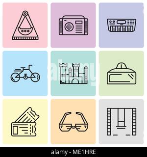 Set Of 9 simple editable icons such as Swings, 3d glasses, Tickets, Vr glasses, Castle, Bike, Synthesizer, Radio, Carousel, can be used for mobile, we Stock Vector