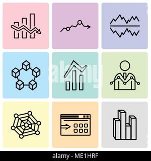 Set Of 9 simple editable icons such as Stream graphic, Data export with an arrow, radar chart with pentagon, Data Analyser, Bars and data analytics, D Stock Vector