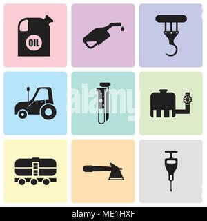 Set Of 9 simple editable icons such as puncher, hatchet, train, water tank, capsule, autotruck, crane, pump, oil container, can be used for mobile, we Stock Vector