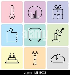 Set Of 9 simple editable icons such as Download from the cloud, Wrench, Cake with candles, Satellite dish, Update arrow, Thumb up, Bookmark, Bar chart Stock Vector