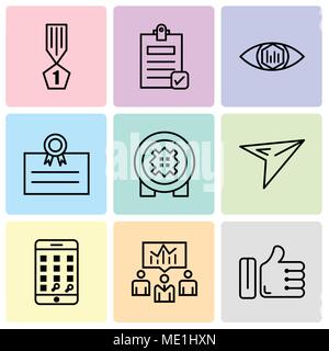 Set Of 9 simple editable icons such as like, business men, telephone, plane, bank safe, postcard, analytic view, Check document, winner, can be used f Stock Vector