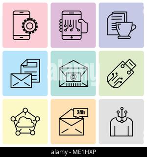 Set Of 9 simple editable icons such as Human, Mail 24 hours, Cloud computing, Pendrive, Mail, Mail, Mail and tea, Smartphone, Setup, can be used for m Stock Vector