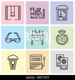 Set Of 9 simple editable icons such as Loudspeaker, Gaming, Popcorn, Pizza, Dinner, 3d glasses, Machine, Castle, Swings, can be used for mobile, web U Stock Vector