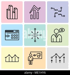 Set Of 9 simple editable icons such as Decreasing chart, Person explaining data, Increasing bars, User data speech, Data analytics wheel, Data export  Stock Vector