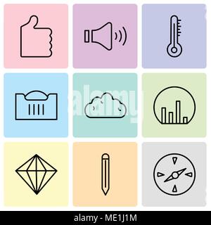 Set Of 9 simple editable icons such as Compass, Edit tool, Diamond, Bar chart, Cloud, Shopping basket, Mercury thermometer, Mute speakers, Thumb up, c Stock Vector