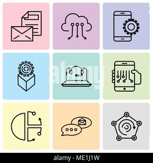 Set Of 9 simple editable icons such as Radar, email chat, Cube, Smartphone, Call Center, Development, Setup, Cloud computing, Mail, can be used for mo Stock Vector
