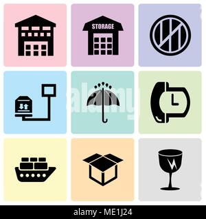 Set Of 9 simple editable icons such as Fragile broken glass, Delivery package opened, Containers on oceanic ship, Phone auricular and a clock, 24 hour Stock Vector