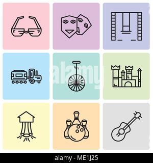 Set Of 9 simple editable icons such as Guitar, Bowling, Park, Castle, Circus, Kid, Swings, Theater, 3d glasses, can be used for mobile, web UI Stock Vector