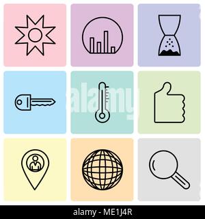 Set Of 9 simple editable icons such as Magnifying glass, International globe, Location pointer, Thumb up, Mercury thermometer, Key, Hand pointing to l Stock Vector