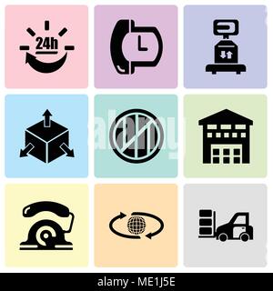 Set Of 9 simple editable icons such as Packages transportation on a truck, International delivery, telephone, Boxes piles sto inside a garage for deli Stock Vector