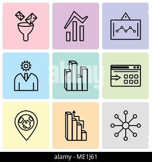 Set Of 9 simple editable icons such as Balancing data, Targeting, 3d pie chart graphic, Data export with an arrow, Stream graphic, User interface, Dat Stock Vector