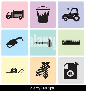 Set Of 9 simple editable icons such as oil container, tie, meter, ruler, hammer, pump, autotruck, colour bucket, lorry, can be used for mobile, web UI Stock Vector