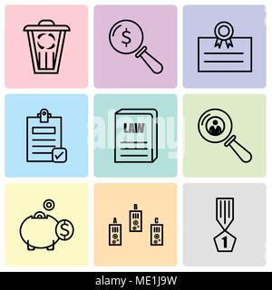 Set Of 9 simple editable icons such as winner, folder, money box, search person, law book, Check document, postcard, lens, trash, can be used for mobi Stock Vector