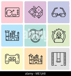 Set Of 9 simple editable icons such as Swings, Disneyland, Playstation, Monkey, Movie, Castle, 3d glasses, Dices, Coffee, can be used for mobile, web  Stock Vector
