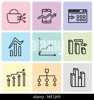 Set Of 9 simple editable icons such as Stream graphic, Flow chart interface, Binary Processed Mobile Analysis, 3d data analytics bars, Triangular pyra Stock Vector