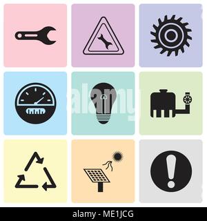 Set Of 9 simple editable icons such as exclamation, solar battery, triangle, tipper, bulb, speedometer, saw blade, wrench, pipe wrench, can be used fo Stock Vector