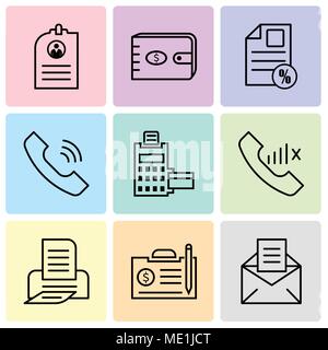 Set Of 9 simple editable icons such as email, contract, print, slow network, pos terminal, call, document percent, purse, CV, can be used for mobile,  Stock Vector