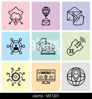 Set Of 9 simple editable icons such as World placeholder, Billboard, Settings, Remote control, Telephone, User, Mail bird, Air balloon, Protection, ca Stock Vector