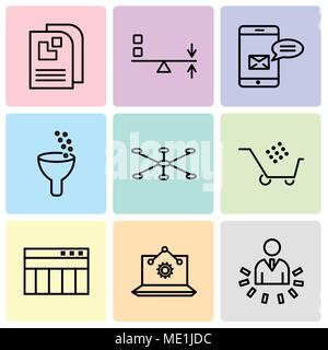 Set Of 9 simple editable icons such as User data analytics, Laptop Analysis, Table for data, Cart graphic, Data connection, Data analytics, Data analy Stock Vector