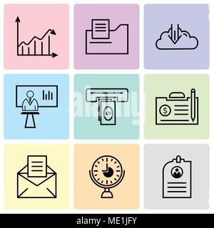Set Of 9 simple editable icons such as CV, clock, email, contract, cash, news presenter, rocket, document folder, Arrow analytc, can be used for mobil Stock Vector