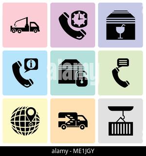 Set Of 9 simple editable icons such as Container hanging of a crane, Logistics truck, International delivery, Talking by phone auricular, Locked packa Stock Vector