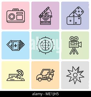 Set Of 9 simple editable icons such as Walk of fame, Golf car, Sand, Video camera, Roulette, Casino, Domino, Clapperboard, Camera, can be used for mob Stock Vector