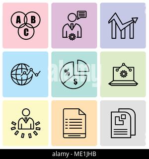 Set Of 9 simple editable icons such as Data page, User warning, User data analytics, Laptop Analysis, Pie chart information on money, Flow chart inter Stock Vector
