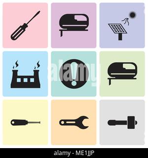 Set Of 9 simple editable icons such as hammer, pipe wrench, turn-screw, grinder, exclamation, fabric & steam, solar battery, jigsaw, screwdriver, can  Stock Vector