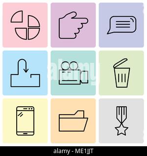 Set Of 9 simple editable icons such as Medal with a star, File folder, Tablet, Dustbin, Video camera, Inbox, Speech bubble, Hand pointing to right, Pi Stock Vector