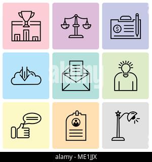 Set Of 9 simple editable icons such as lightbulb, CV, comment, idea, email, download, contract, scales, 1st place, can be used for mobile, web UI Stock Vector