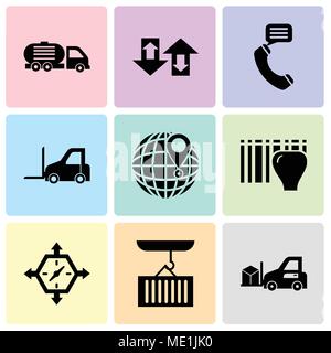 Set Of 9 simple editable icons such as Delivery transportation machine, Container hanging of a crane, Delivery time, Identification for delivery with  Stock Vector